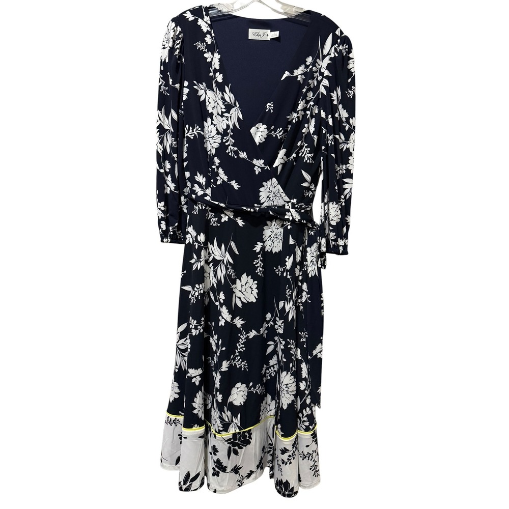 Eliza J Size 10 Navy White Floral Faux Wrap Midi Dress Long Sleeve Dress B11